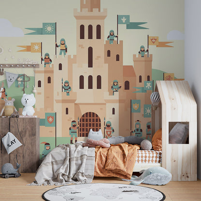 Kids-Mundo castle mural brightening a playroom wall with a fairytale knights scene