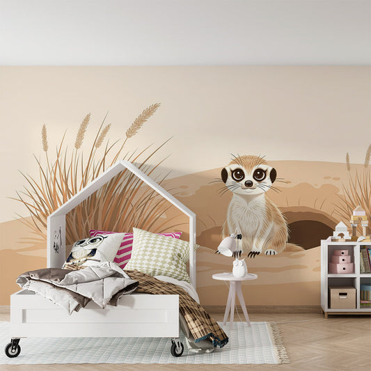 Kids-Mundo meerkat and tall grass mural covering a feature wall in a kids' bedroom