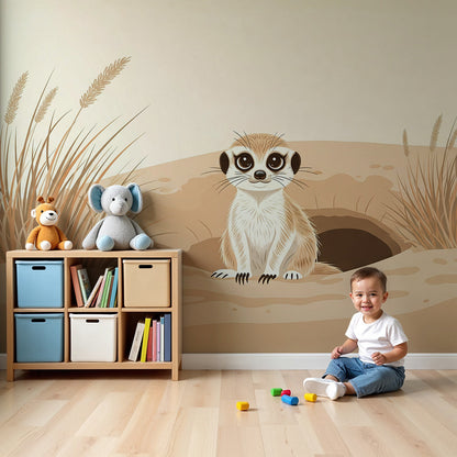 Kids-Mundo meerkat burrow wall mural styled behind a cot in a warm peach-toned nursery