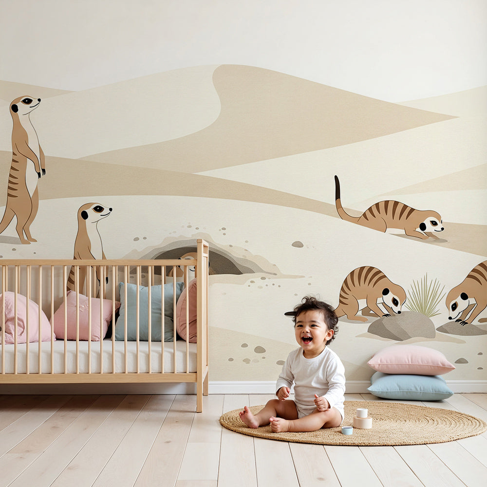 Kids-Mundo meerkat colony desert dunes wall mural styled behind a cot in a sandy-toned nursery