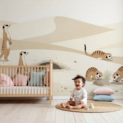 Kids-Mundo meerkat colony desert dunes wall mural styled behind a cot in a sandy-toned nursery