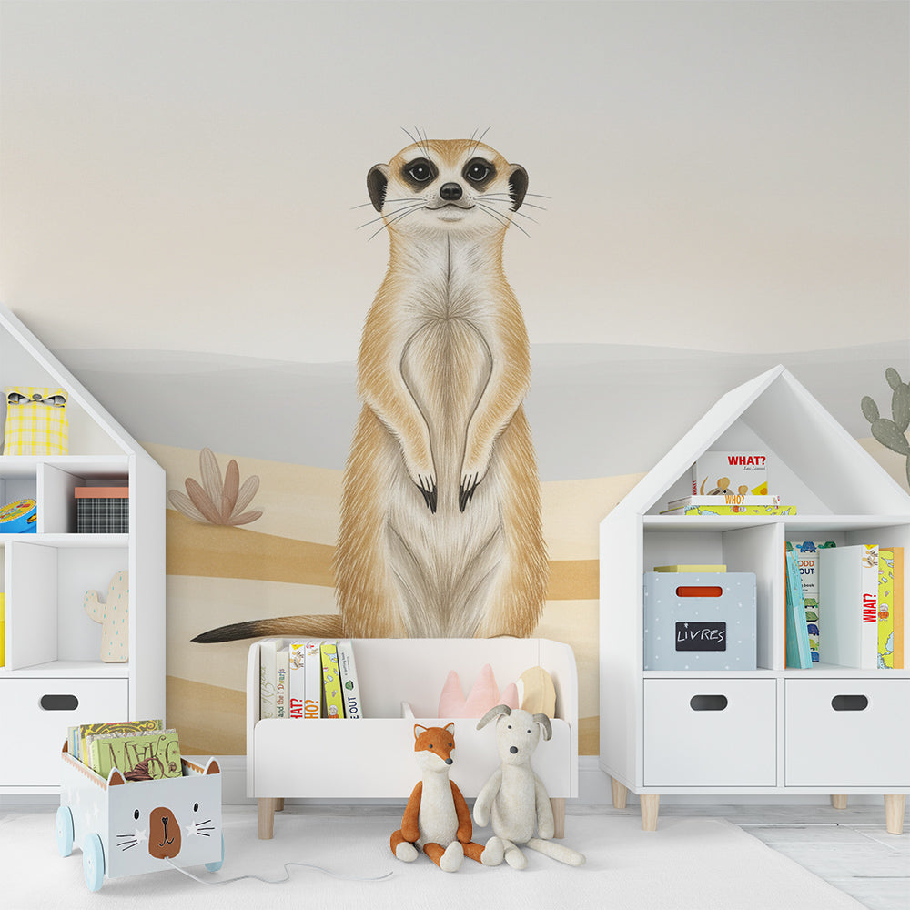 Kids-Mundo meerkat desert cacti mural covering a feature wall in a colourful kids' bedroom