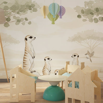 Kids-Mundo meerkat family mural under acacia trees covering a feature wall in a kids' bedroom