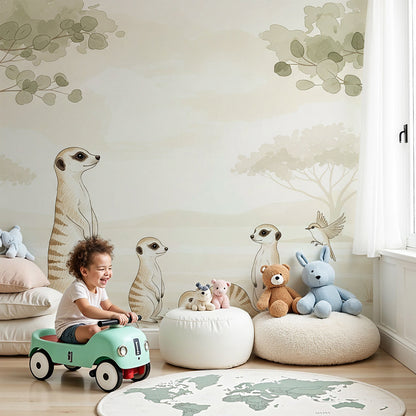 Kids-Mundo meerkat family wall mural with acacia trees styled behind a cot in a soft sage nursery