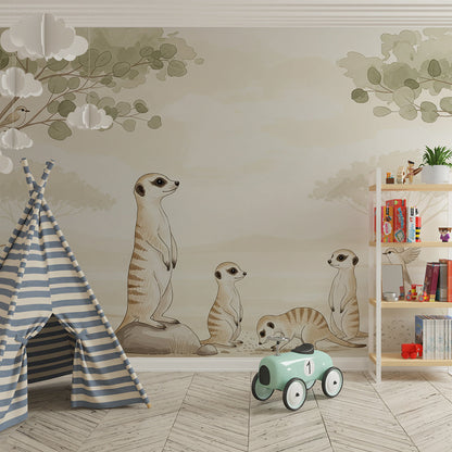 Kids-Mundo meerkat family wall mural brightening a calm, sandy-toned children's playroom