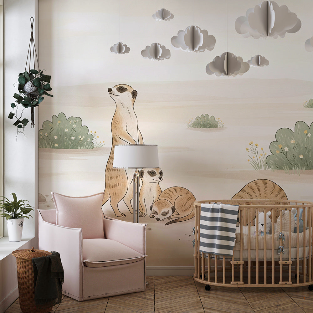 Kids-Mundo meerkat desert wall mural on a feature wall behind a bed in a kids bedroom