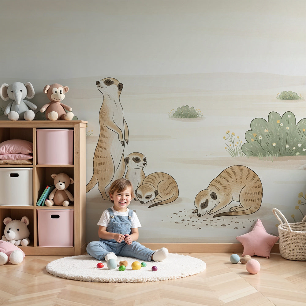 Kids-Mundo meerkat family desert wall mural above a cot in a soft beige nursery