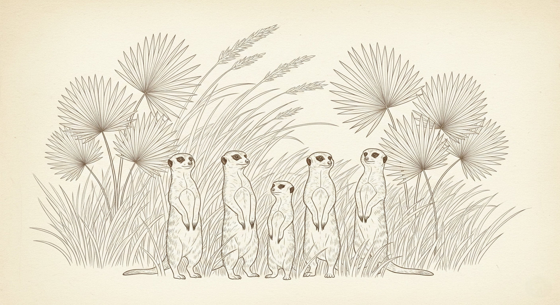Detailed meerkat family safari mural wallpaper design pattern with palm trees by Kids-Mundo