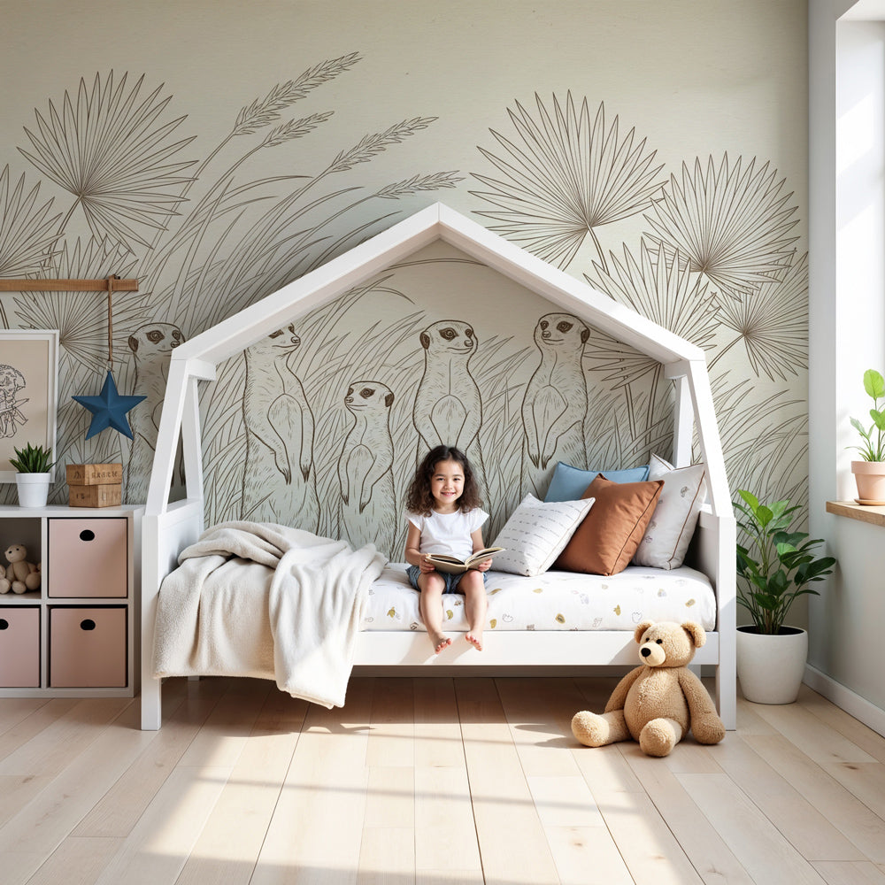 Meerkat safari mural wallpaper in modern nursery with natural wood furniture by Kids-Mundo