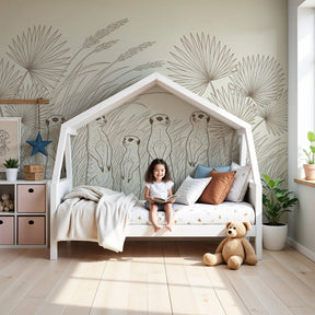Meerkat safari mural wallpaper in modern nursery with natural wood furniture by Kids-Mundo