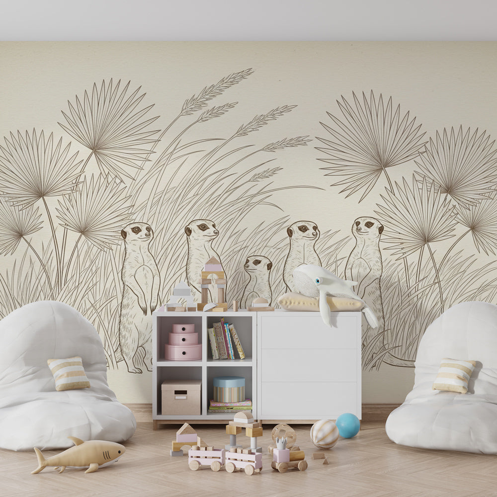 Safari animal mural wallpaper transforming kids playroom with meerkat family design
