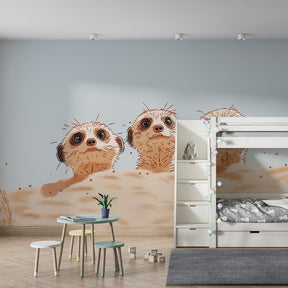 Desert animal wallpaper creating safari-themed kids bedroom with curious meerkats