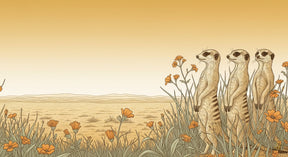 Detailed meerkat safari mural wallpaper design pattern showing golden prairie with orange flowers by Kids-Mundo