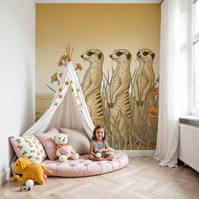 Meerkat safari mural wallpaper in modern nursery setting with natural wood furniture by Kids-Mundo