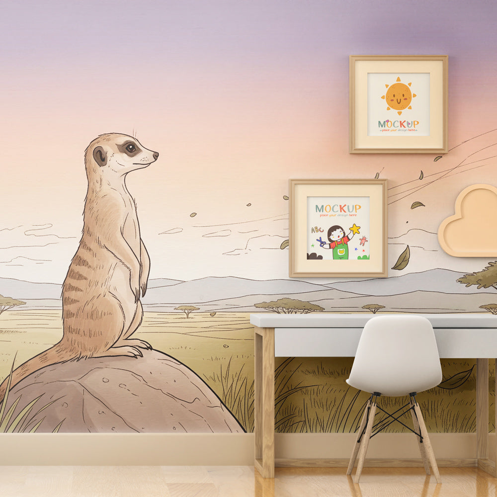 Safari themed mural wallpaper featuring meerkat in natural kids playroom setting by Kids-Mundo