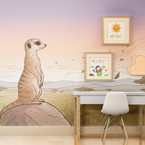 Safari themed mural wallpaper featuring meerkat in natural kids playroom setting by Kids-Mundo
