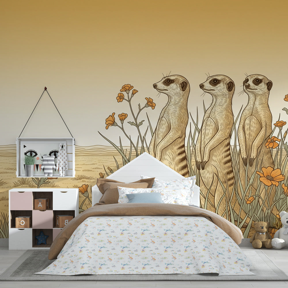Safari themed meerkat mural wallpaper transforming kids playroom into African adventure space