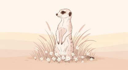 Kids-Mundo flat artwork of a single meerkat standing among grass and white wildflowers