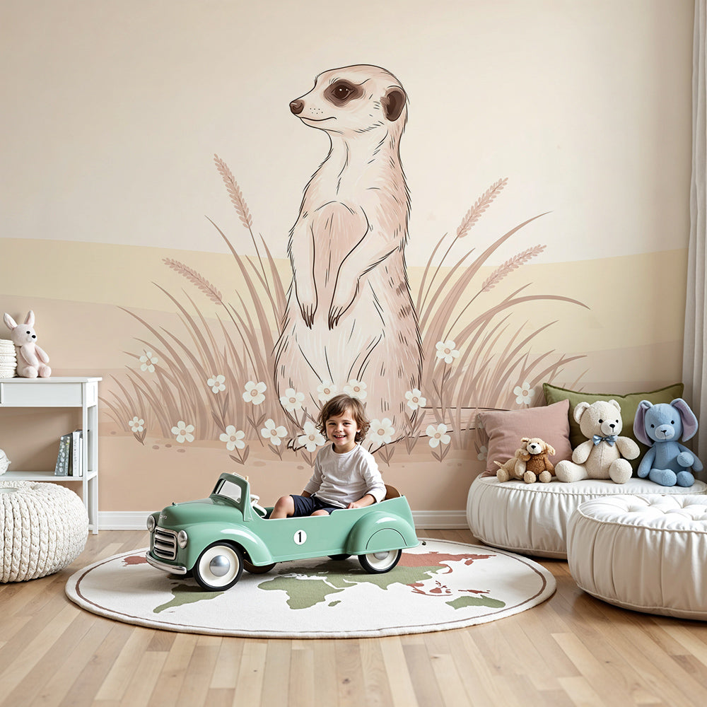 Kids-Mundo meerkat wildflower meadow wall mural styled behind a cot in a soft blush nursery