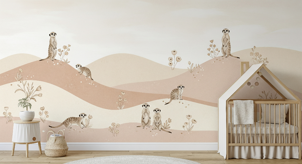 Meerkats Wandering Across Soft Blush Hillside Wall Mural