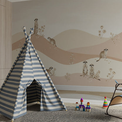Kids-Mundo blush meerkat wall mural bringing a wandering hillside scene into a playroom