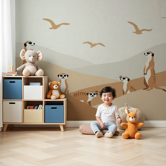 Kids-Mundo meerkat family wall mural styled in a warm golden-toned nursery beside a cot