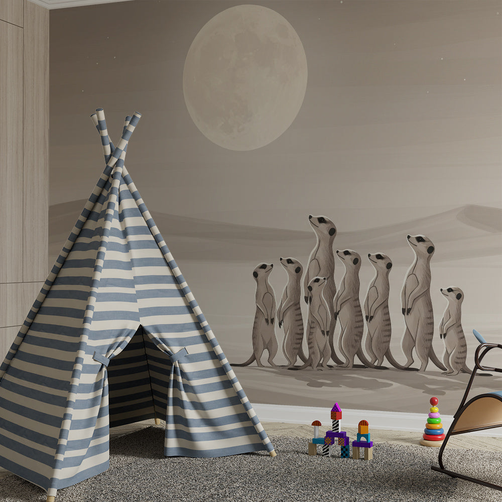 Kids-Mundo meerkat desert moon wall mural styled on a calm child's bedroom wall
