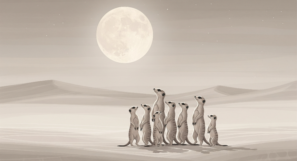 Kids-Mundo illustration of a meerkat family watching a glowing moon over desert dunes