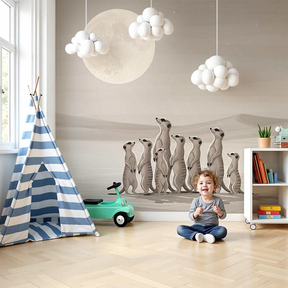 Kids-Mundo meerkat wall mural with a family watching the moon shown in a nursery room