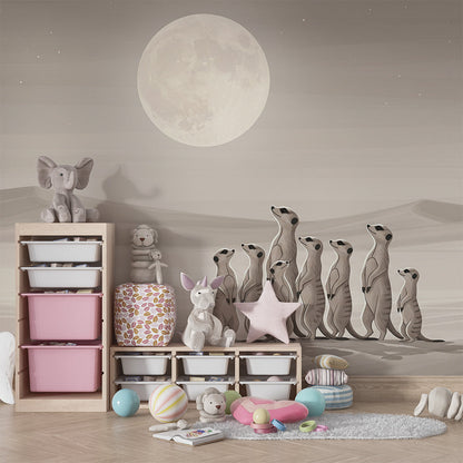 Kids-Mundo meerkat under the moon wall mural shown in a calm playroom setting