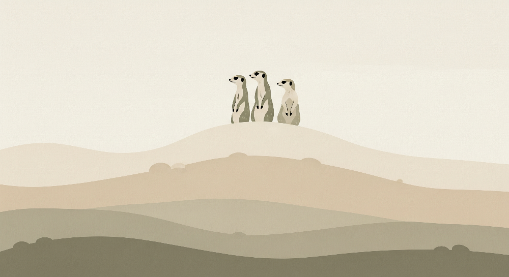 Three Meerkats on Soft Layered Desert Hills Wall Mural