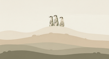 Kids-Mundo flat artwork of three meerkats watching over layered beige and olive desert hills