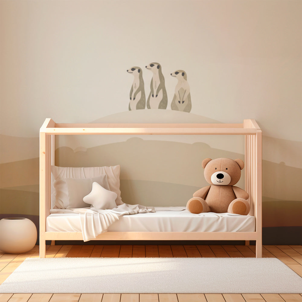 Kids-Mundo meerkat wall mural bringing a soft layered desert scene into a children's playroom