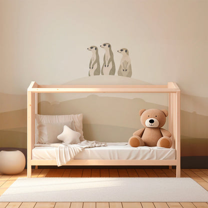 Kids-Mundo meerkat wall mural bringing a soft layered desert scene into a children's playroom