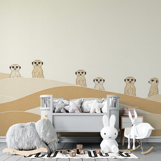 Kids-Mundo sand dune meerkat mural covering a feature wall in a minimalist kids' bedroom