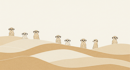 Kids-Mundo flat artwork of eight curious meerkats peeking over layered cream and tan sand dunes