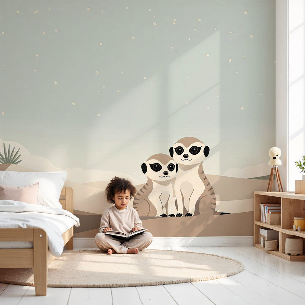 Kids-Mundo starry meerkat wall mural styled in a calm night-time nursery beside a wooden cot