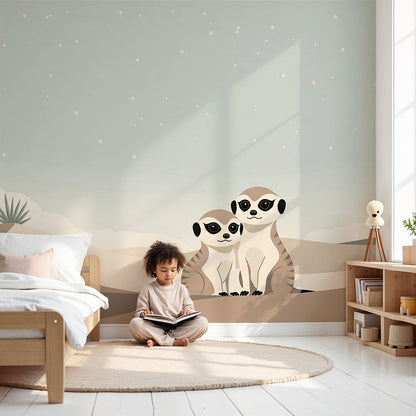Kids-Mundo starry meerkat wall mural styled in a calm night-time nursery beside a wooden cot