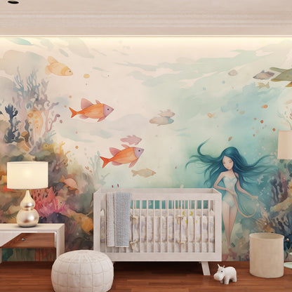Kids-Mundo underwater mermaid wall mural decorating a child's bedroom wall