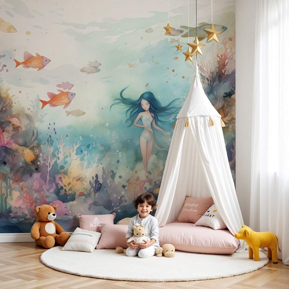Kids-Mundo mermaid coral reef wall mural styled in a colourful ocean nursery