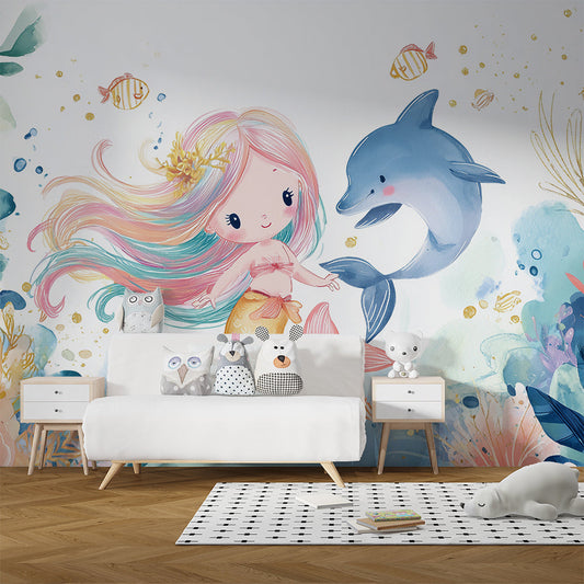 Kids-Mundo mermaid wall mural covering a feature wall in a bright, ocean-themed kids bedroom