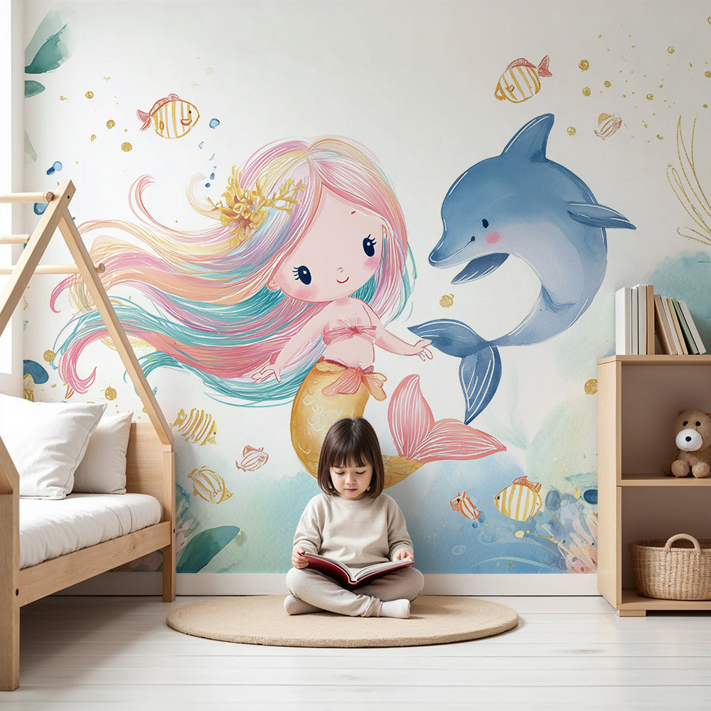Kids-Mundo mermaid and dolphin wall mural in watercolour tones behind a cot in a nursery