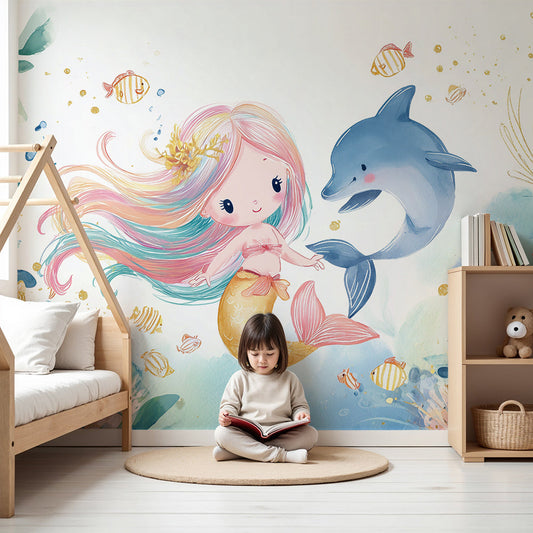 Kids-Mundo mermaid and dolphin wall mural in watercolour tones behind a cot in a nursery
