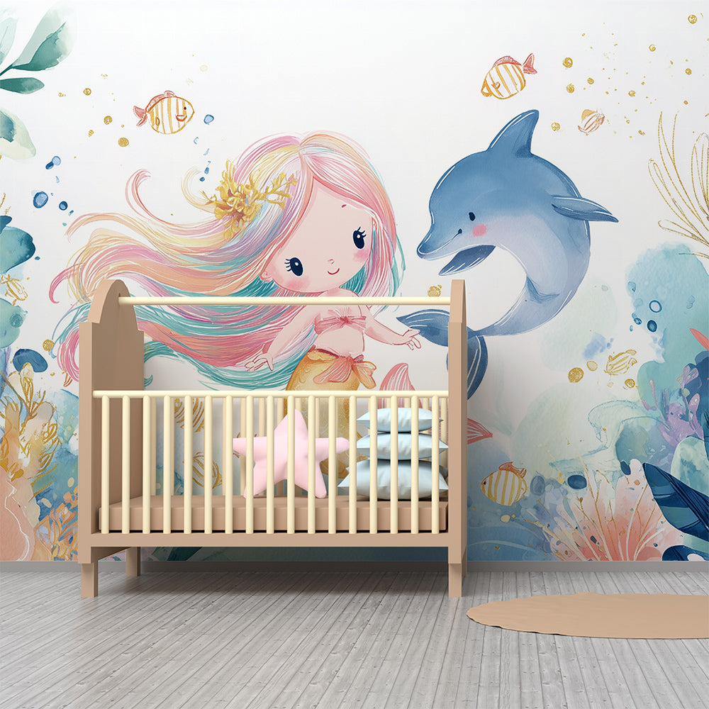 Kids-Mundo mermaid and dolphin wall mural with coral and fish detail in a playroom corner