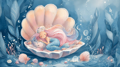 Kids-Mundo flat artwork of a sleeping mermaid and baby seal curled inside a glowing seashell