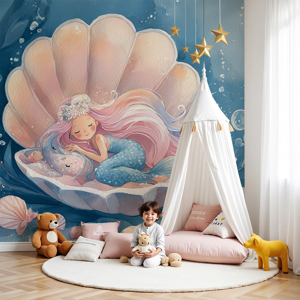 Kids-Mundo sleeping mermaid wall mural in a seashell behind a cot in a deep-blue nursery