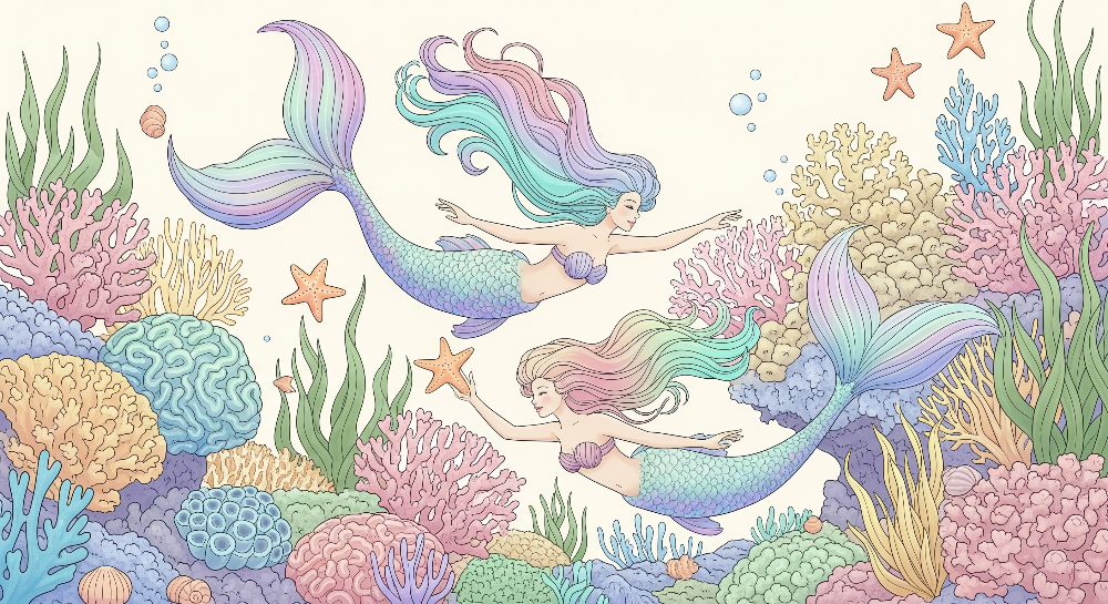 Kids-Mundo flat artwork of two mermaids swimming through a richly detailed coral reef