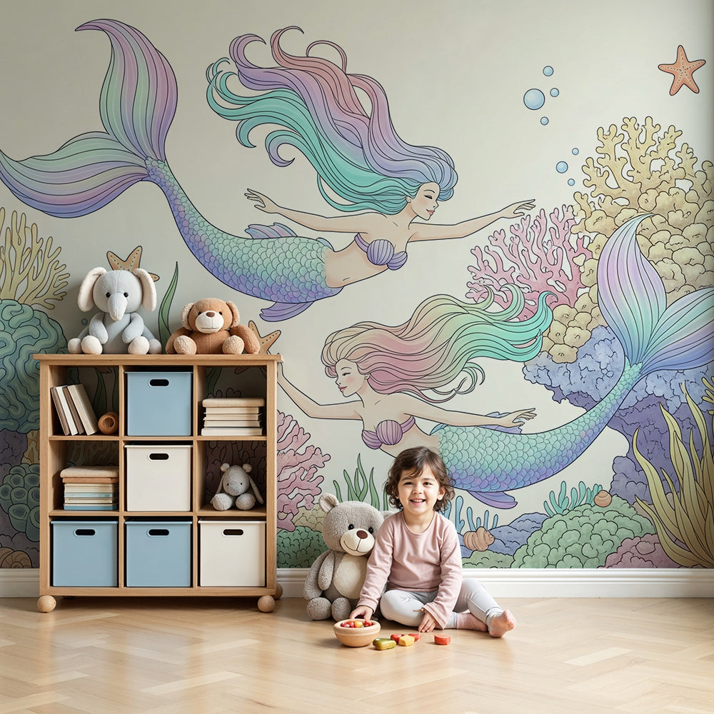 Kids-Mundo mermaid coral reef wall mural styled behind a bed in an ocean-themed kids' bedroom
