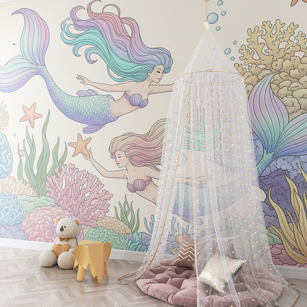 Kids-Mundo mermaid and coral reef wall mural bringing an underwater world to a playroom