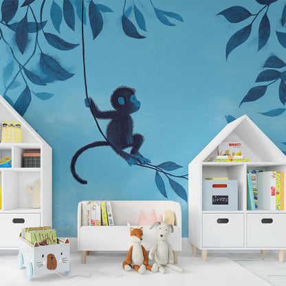 Kids-Mundo moonlit jungle monkey wall mural as a feature wall in a modern kids' bedroom.